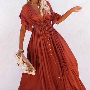 VICI ANIKA POCKETED BUTTON DOWN RUFFLE MAXI DRESS